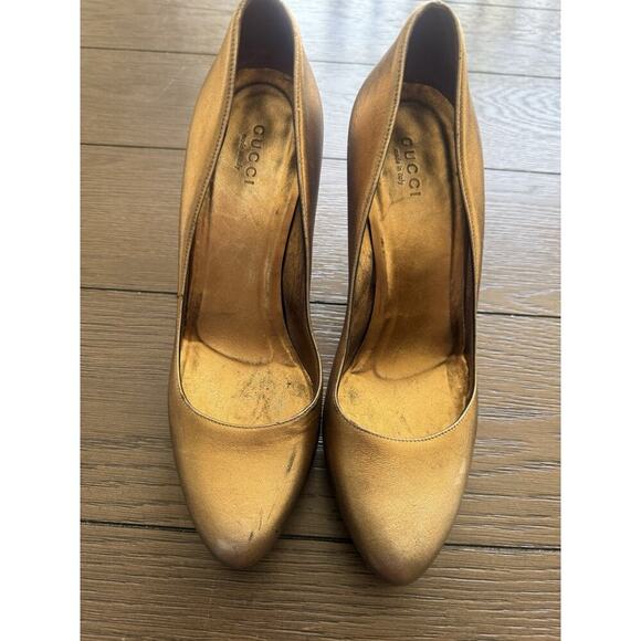 GUCCI ITALY Gunmetal Copper Gold platform shimmer classic pumps 6B Serial 171372 - Picture 3 of 11